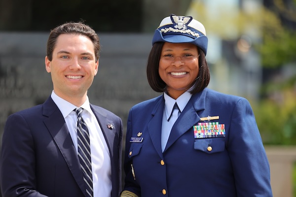 NEW YORK CITY — Ensign Michael Barth conducts his enlistment oath with Captain Zeita Merchant, Commander of Sector New York, in front of friends and family on May 3, 2022,at the Battery Park World War II Memorial. Coast Guard Photo by Daniel Henry