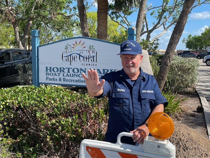 Cape Coral, Florida – Auxiliarist Walter Delevich on gate duty at Horton Park, Station Ft. Myers Beach’s temporary home after Hurricane Ian reigned havoc upon its more permanent quarters on Sept. 28, 2022. Photo by: Auxiliarist Thomas Bamford.