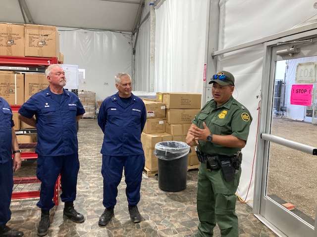 EAGLE PASS, Texas — AUX Fred Black, AUX Wes Morosco, and CBP Watch Commander Anthony Cabarillo conduct an introduction meeting for the second wave of Auxiliary volunteers. Coast Guard Auxiliary Photo by COMO Tracy DeLaughter